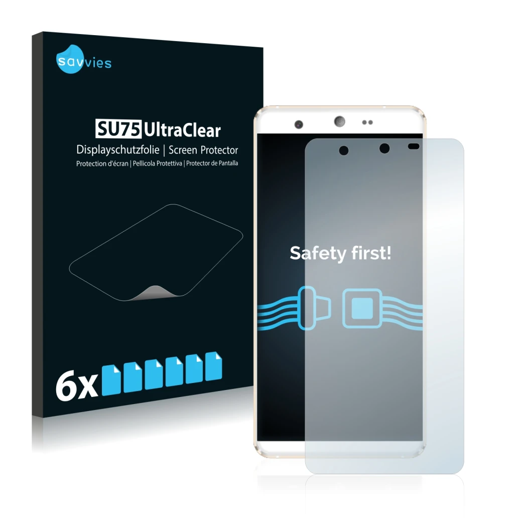 Front side of a product packaging with the brand logo Savvies. Next to it is the device Kingzone N5 shown with the correspondi