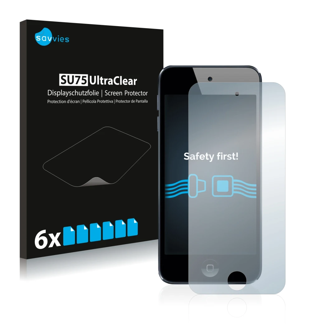 Front side of a product packaging with the brand logo Savvies. Next to it is the device Apple iPod Touch (6th. Gen.) shown wit