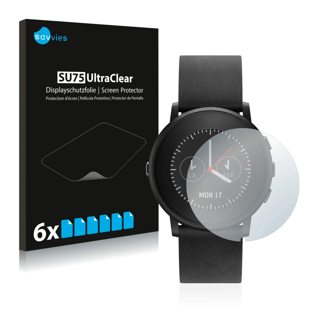 Front side of a product packaging with the brand logo Savvies. Next to it is the device Pebble Time Round shown with the corre