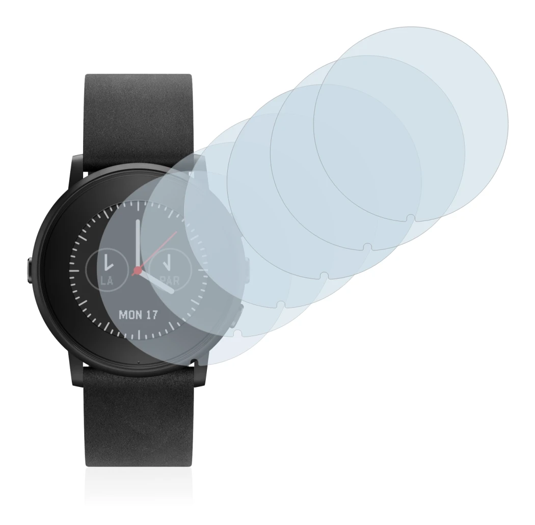 Image of the device Pebble Time Round with a wide variety of screen protectors.