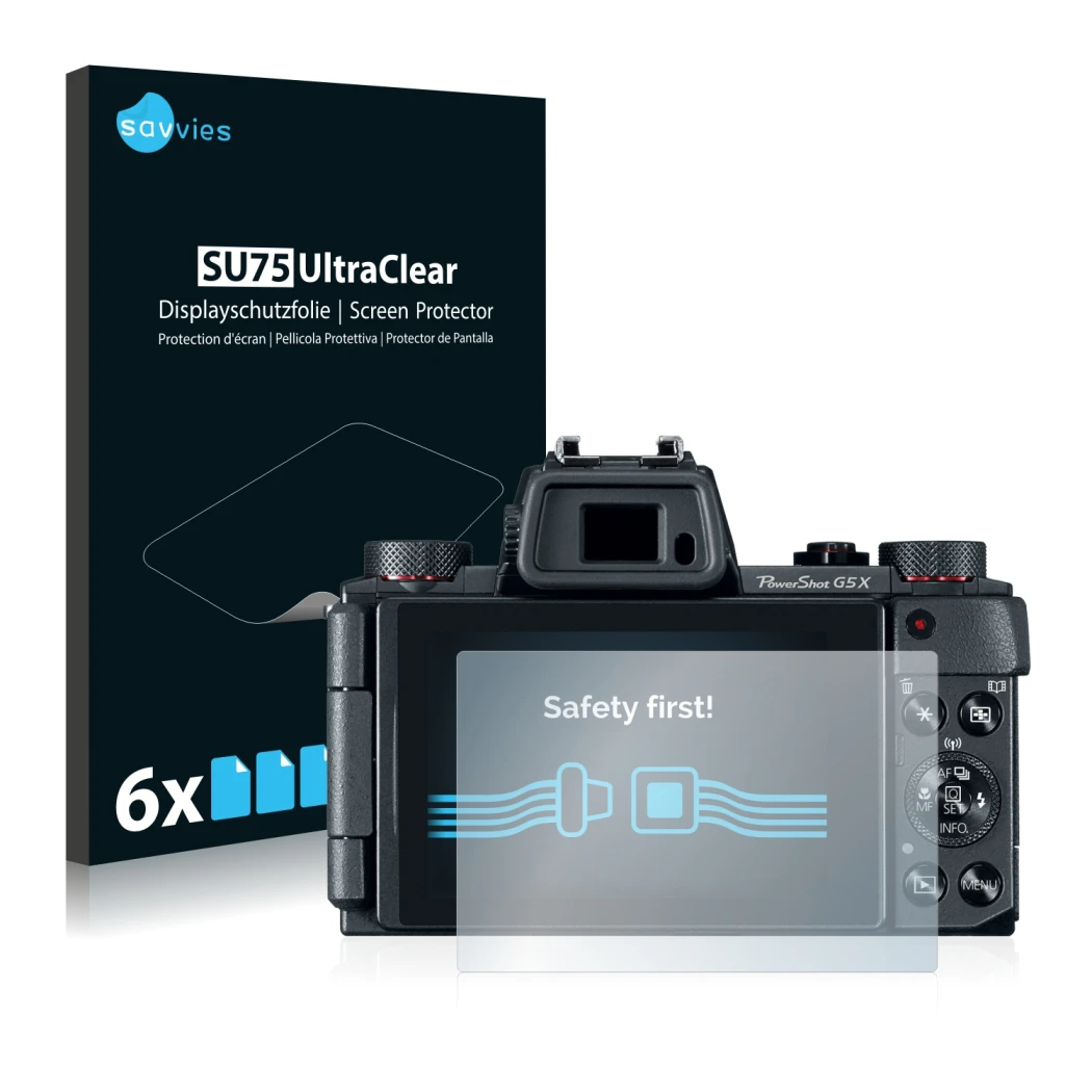 Front side of a product packaging with the brand logo Savvies. Next to it is the device Canon PowerShot G5 X shown with the co