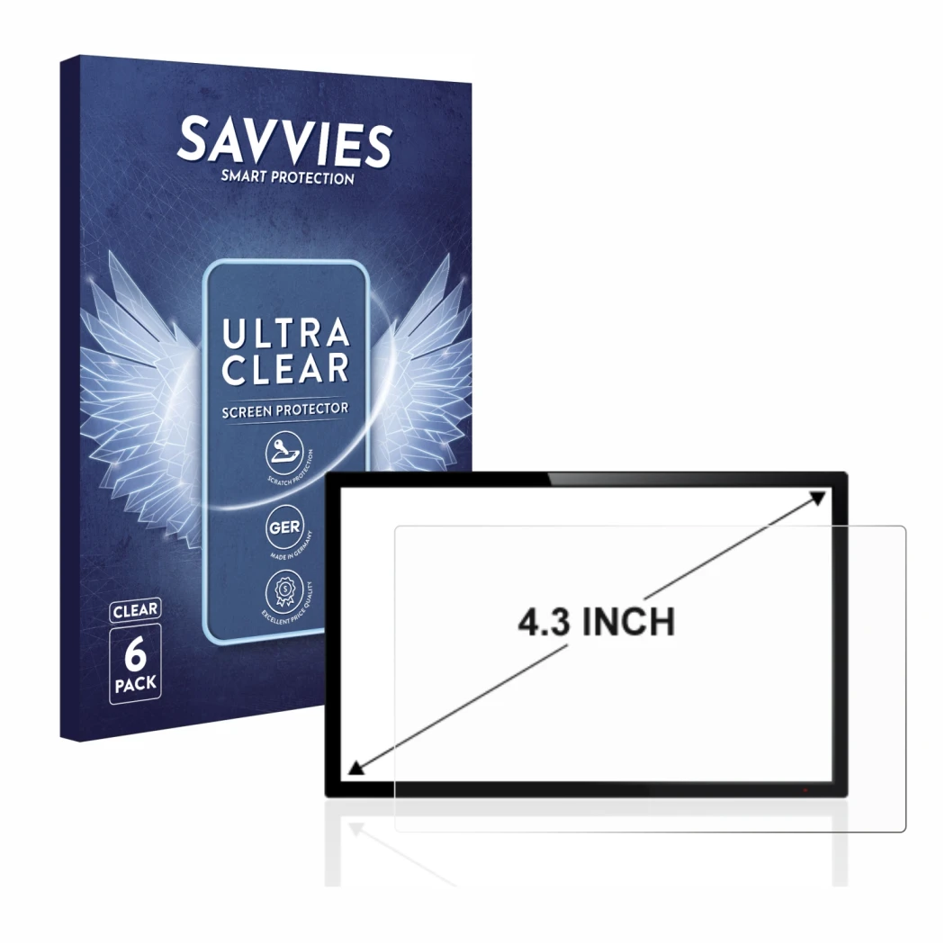 Front side of a product packaging with the brand logo Savvies. Next to it is the device shown with the corresponding screen pr