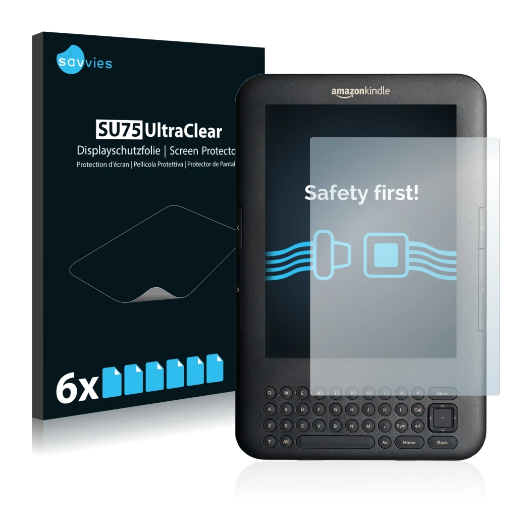 Front side of a product packaging with the brand logo Savvies. Next to it is the device Amazon Kindle 3 shown with the corresp