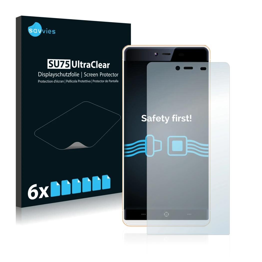 Front side of a product packaging with the brand logo Savvies. Next to it is the device KingZone K2 shown with the correspondi