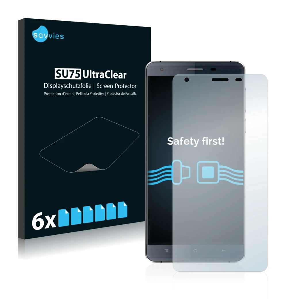 Front side of a product packaging with the brand logo Savvies. Next to it is the device Oukitel K6000 shown with the correspon