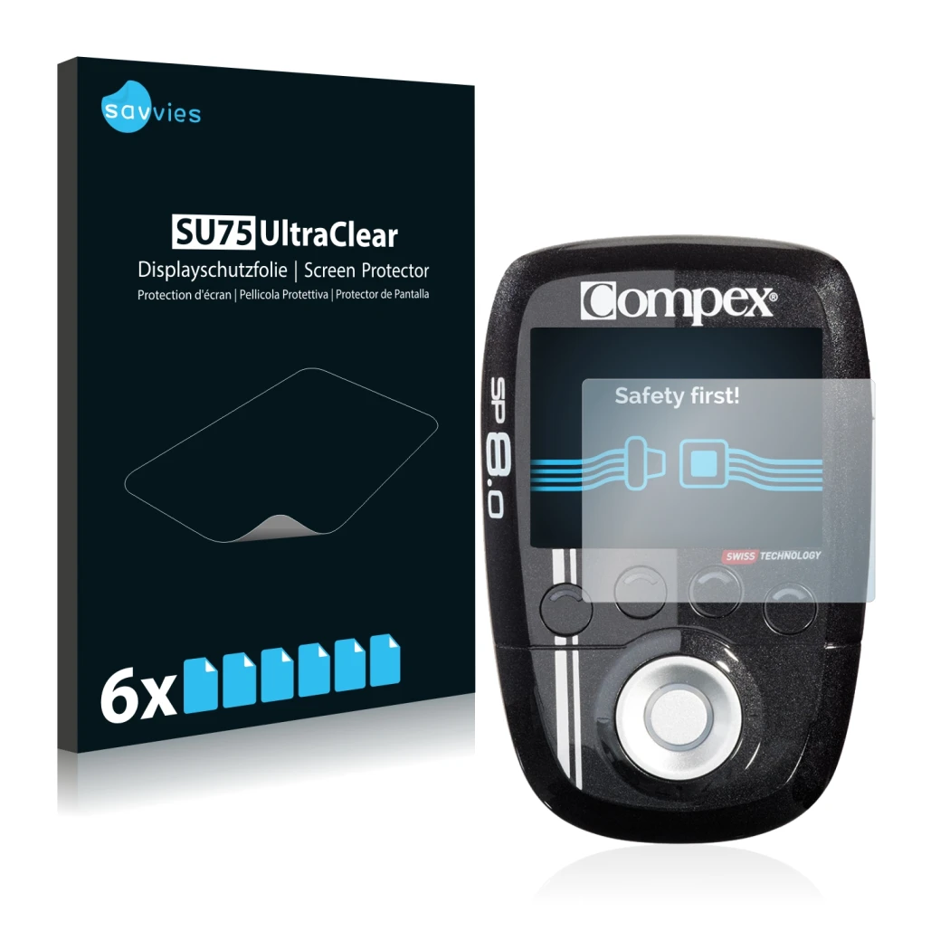Front side of a product packaging with the brand logo Savvies. Next to it is the device Compex SP 8.0 shown with the correspon