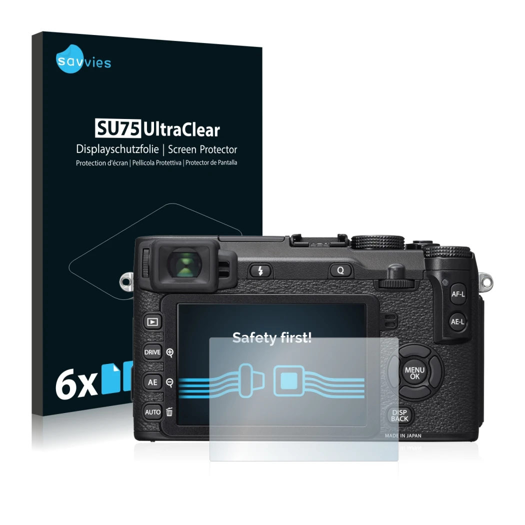 Front side of a product packaging with the brand logo Savvies. Next to it is the device Fujifilm X-E2S shown with the correspo