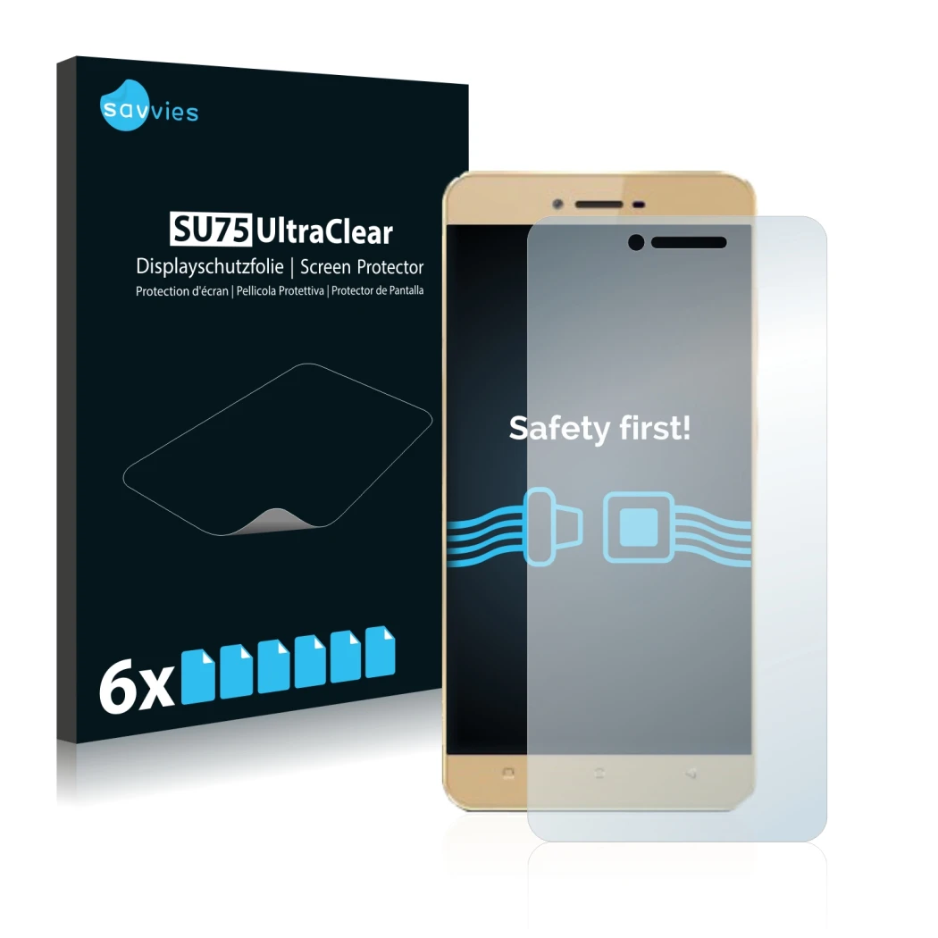 Front side of a product packaging with the brand logo Savvies. Next to it is the device Allview X3 Soul shown with the corresp