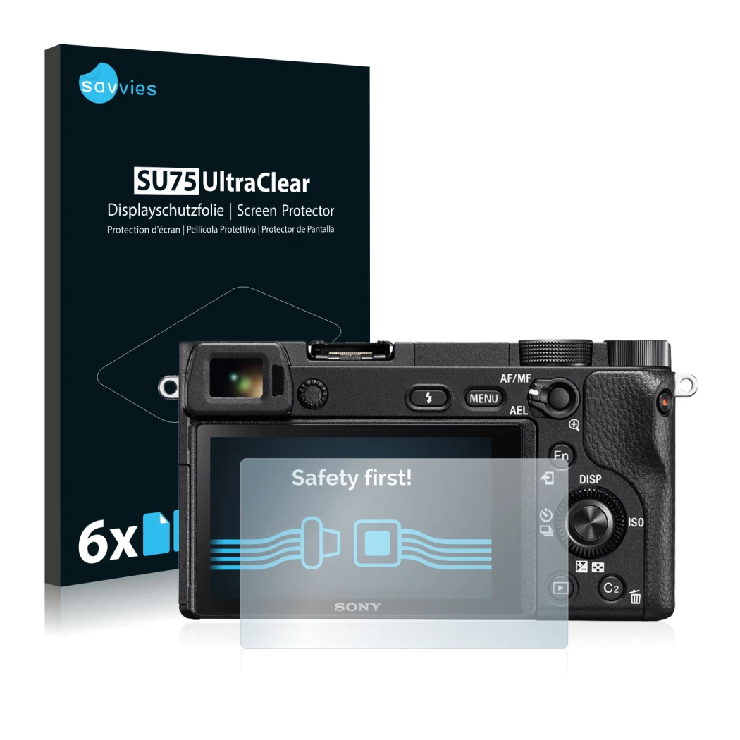 Front side of a product packaging with the brand logo Savvies. Next to it is the device Sony Alpha 6300 shown with the corresp