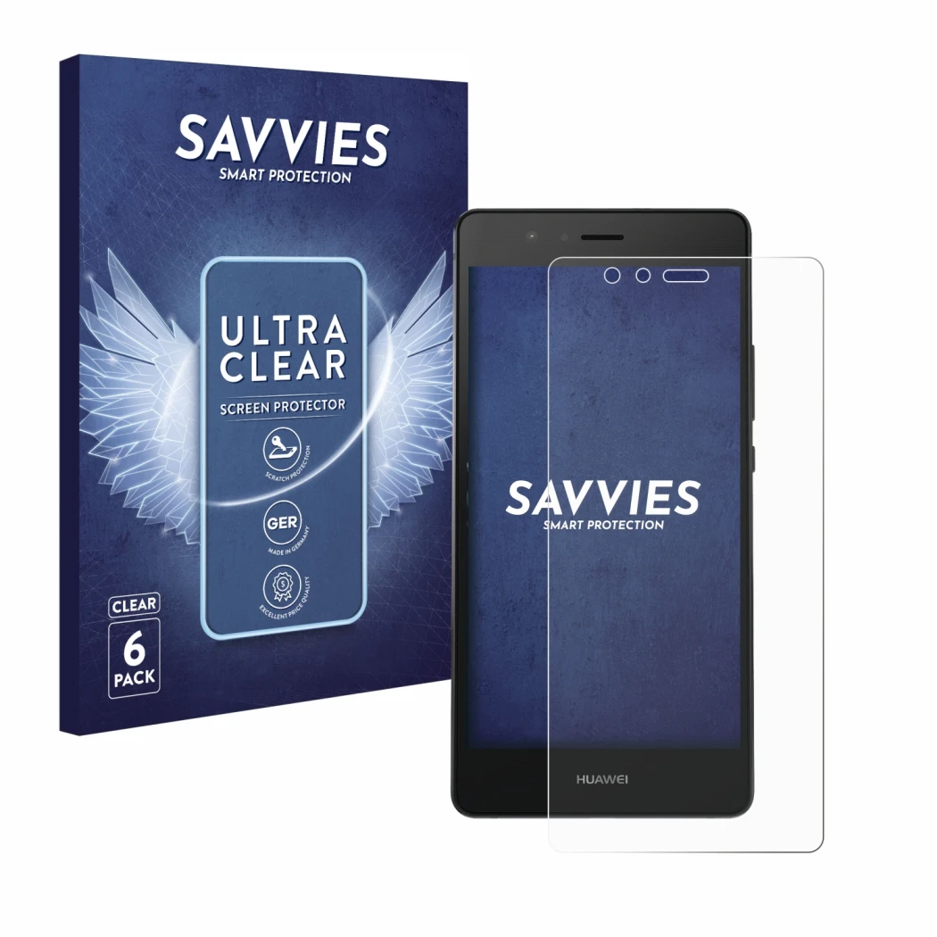 Front side of a product packaging with the brand logo Savvies. Next to it is the device Huawei P9 shown with the corresponding