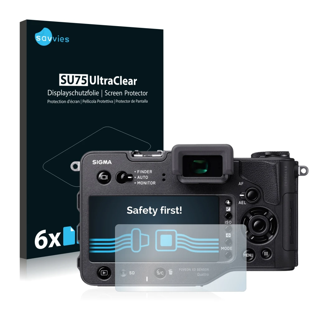 Front side of a product packaging with the brand logo Savvies. Next to it is the device Sigma SD Quattro shown with the corres