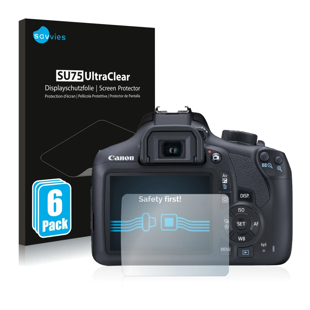 Front side of a product packaging with the brand logo Savvies. Next to it is the device Canon EOS 1300D shown with the corresp