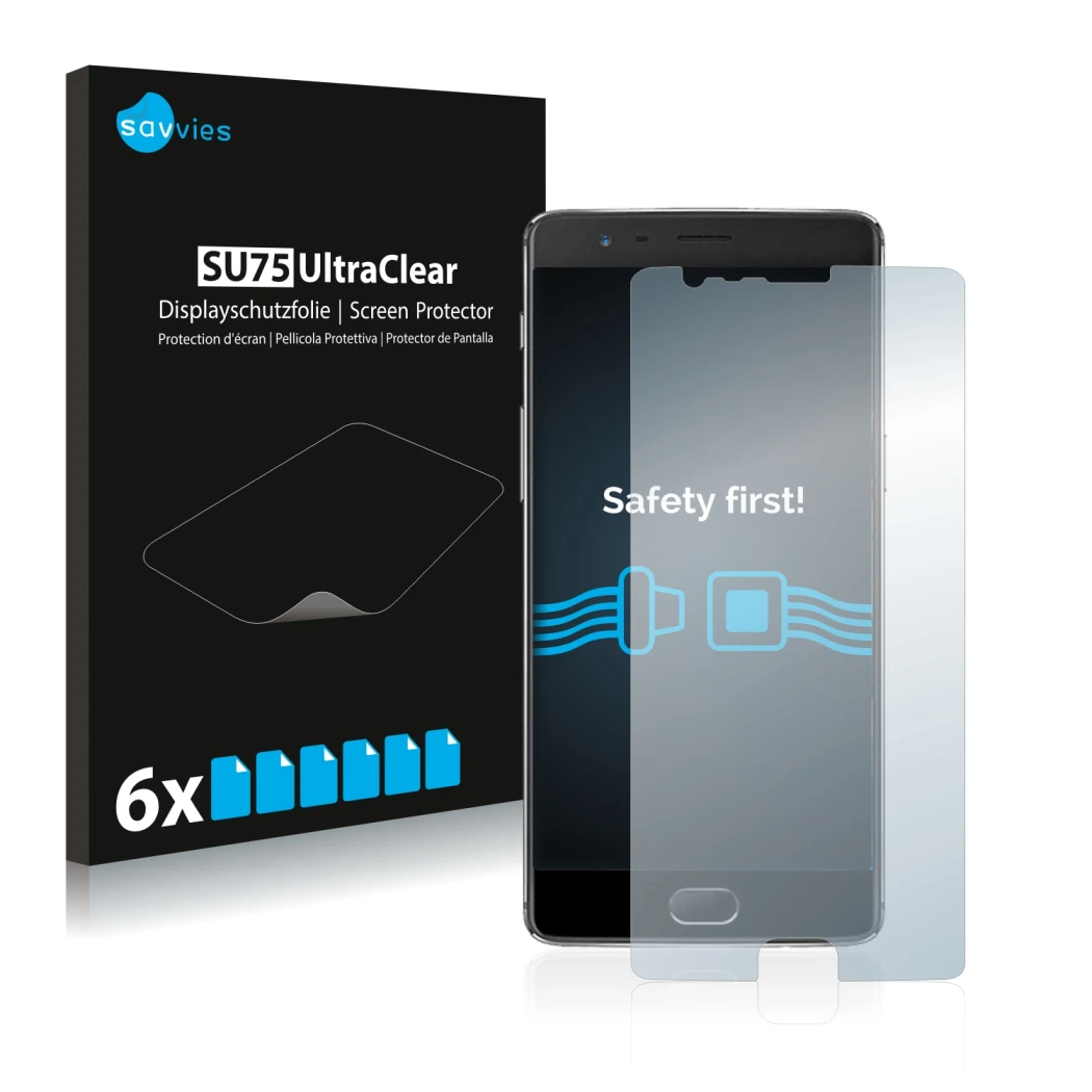 Front side of a product packaging with the brand logo Savvies. Next to it is the device OnePlus 3 shown with the corresponding