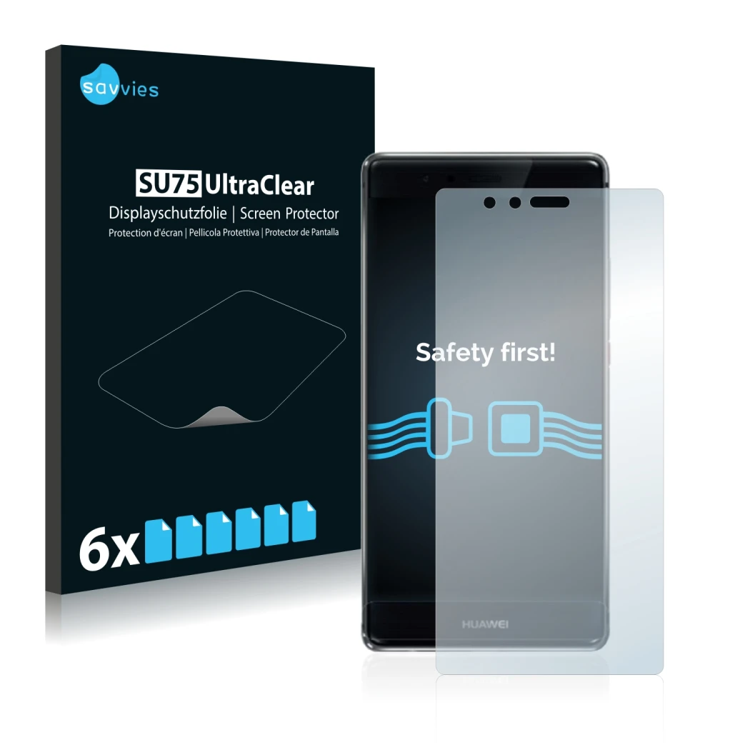 Front side of a product packaging with the brand logo Savvies. Next to it is the device Huawei P9 Plus shown with the correspo