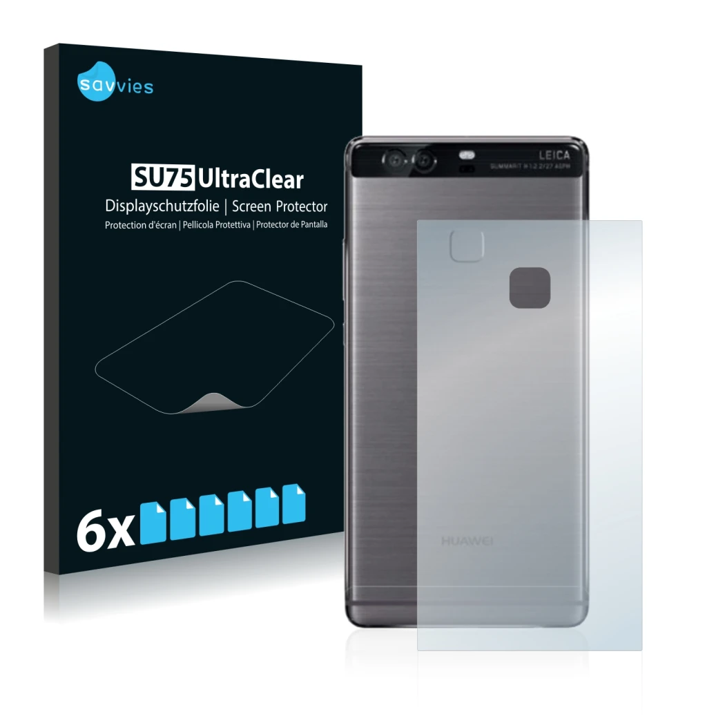 Front side of a product packaging with the brand logo Savvies. Next to it is the device Huawei P9 Plus (Back) shown with the c