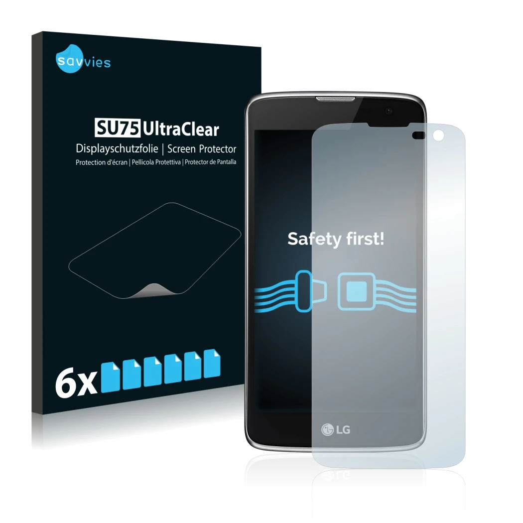 Front side of a product packaging with the brand logo Savvies. Next to it is the device LG K7 (camera right only) shown with t