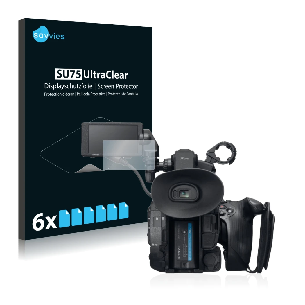 Front side of a product packaging with the brand logo Savvies. Next to it is the device Sony PXW-FS5 shown with the correspond