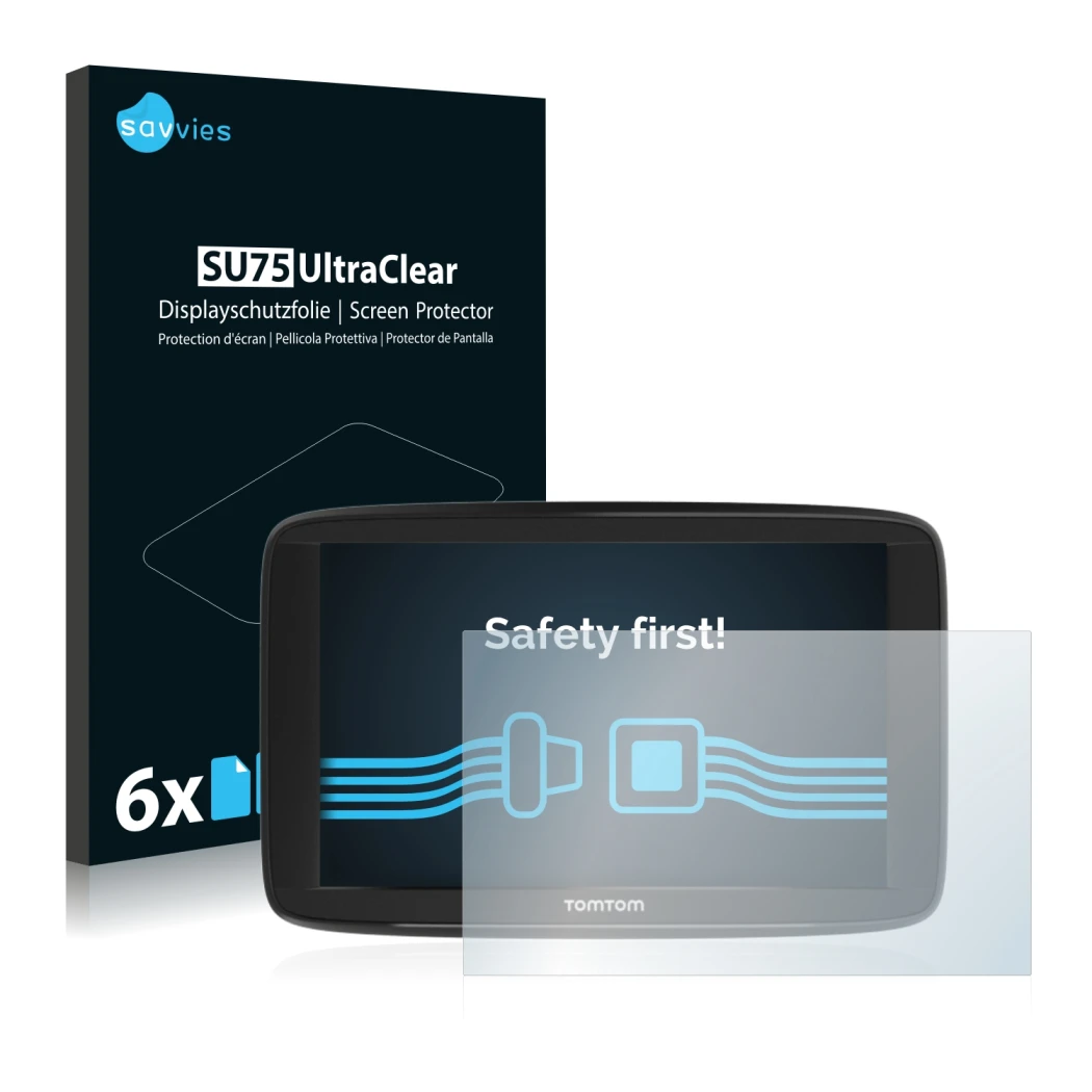 Front side of a product packaging with the brand logo Savvies. Next to it is the device TomTom Start 62 shown with the corresp