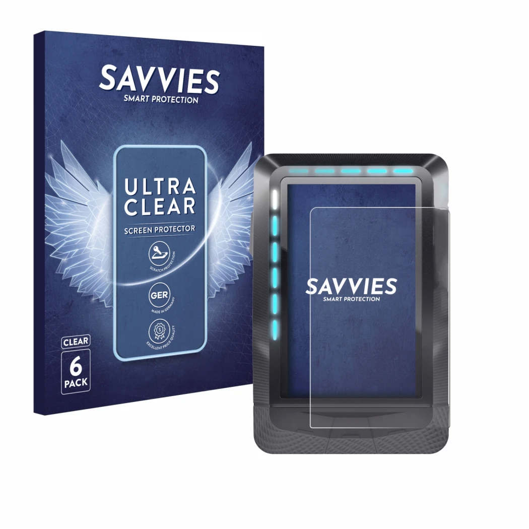 Front side of a product packaging with the brand logo Savvies. Next to it is the device Wahoo Elemnt GPS shown with the corres