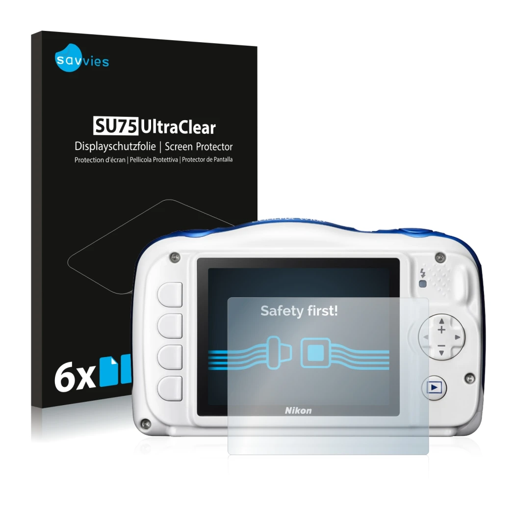 Front side of a product packaging with the brand logo Savvies. Next to it is the device Nikon Coolpix W100 shown with the corr