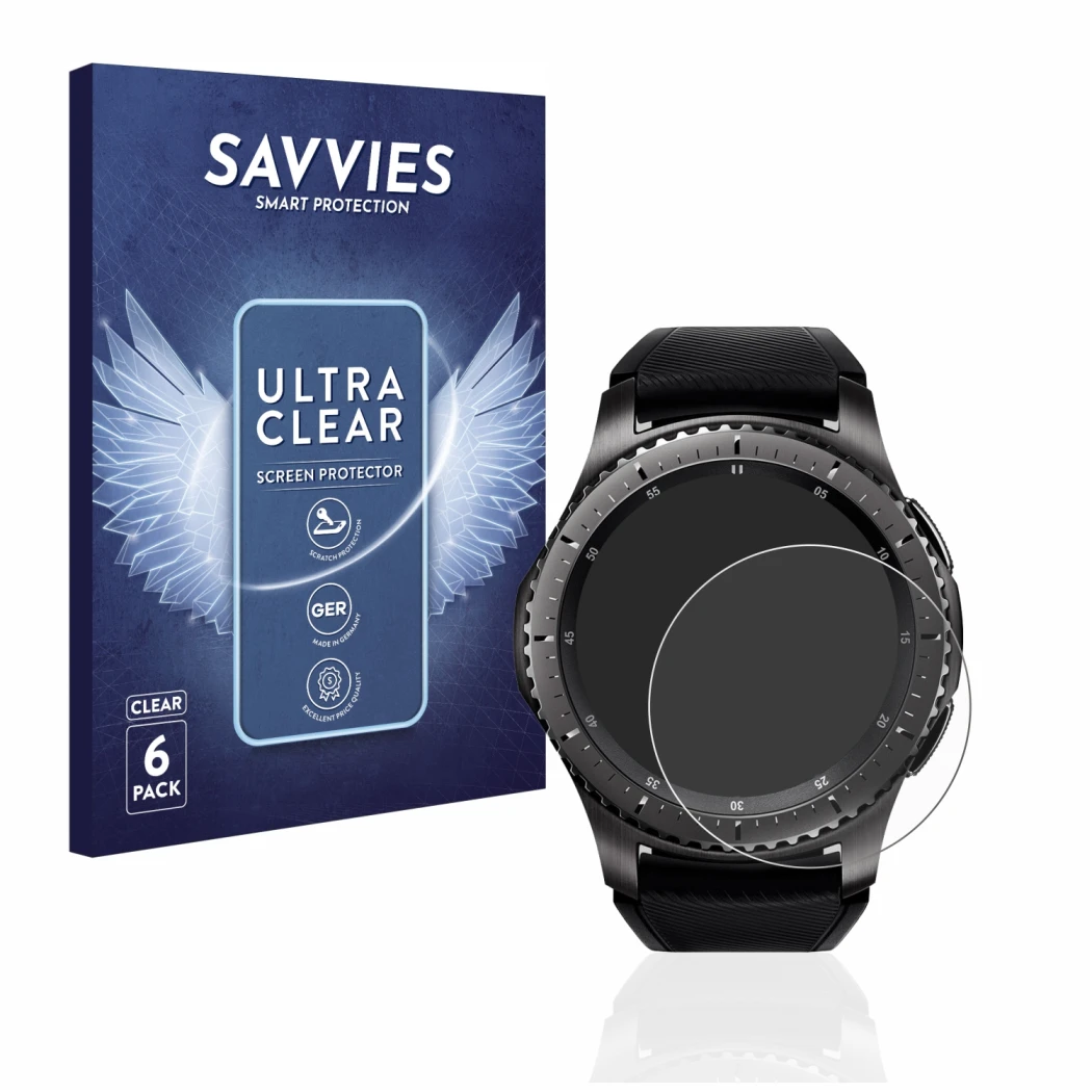 Front side of a product packaging with the brand logo Savvies. Next to it is the device Samsung Gear S3 Frontier shown with th