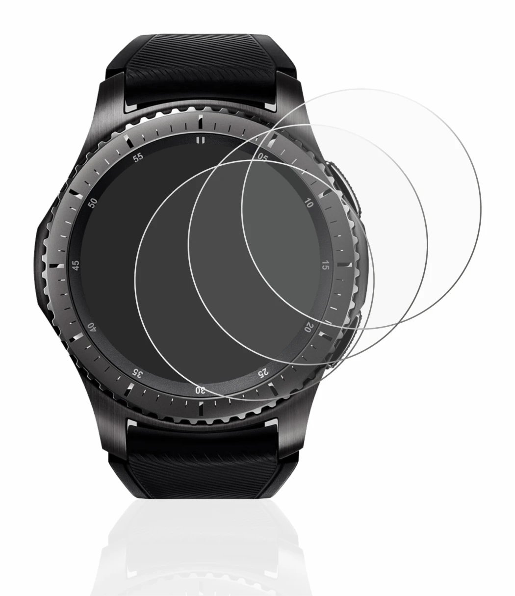 Image of the device Samsung Gear S3 Frontier with a wide variety of screen protectors.