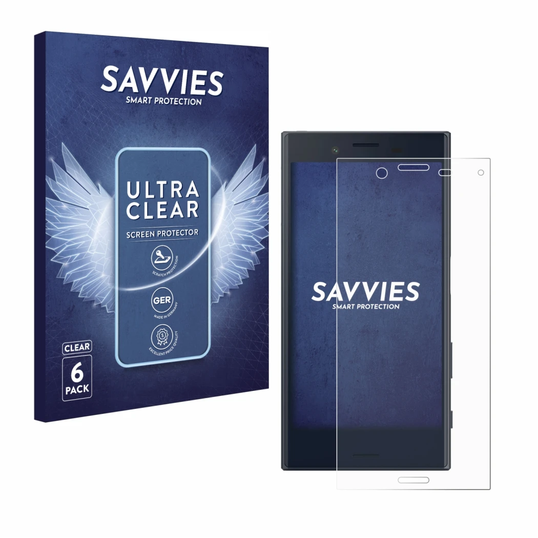 Front side of a product packaging with the brand logo Savvies. Next to it is the device Sony Xperia X Compact shown with the c