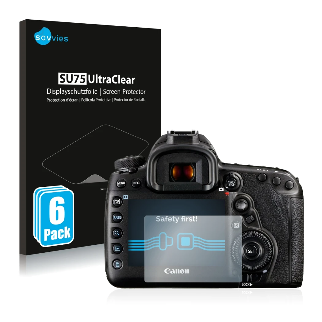 Front side of a product packaging with the brand logo Savvies. Next to it is the device Canon EOS 5D Mark IV shown with the co