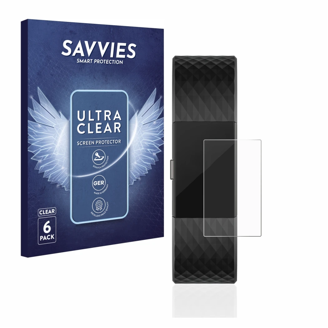 Front side of a product packaging with the brand logo Savvies. Next to it is the device Fitbit Charge 2 shown with the corresp