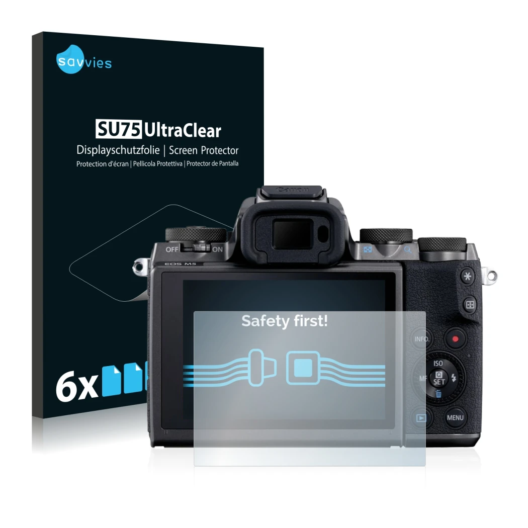 Front side of a product packaging with the brand logo Savvies. Next to it is the device Canon EOS M5 shown with the correspond