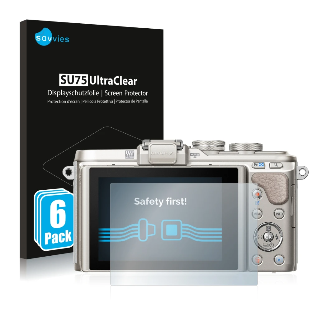 Front side of a product packaging with the brand logo Savvies. Next to it is the device Olympus PEN E-PL8 shown with the corre