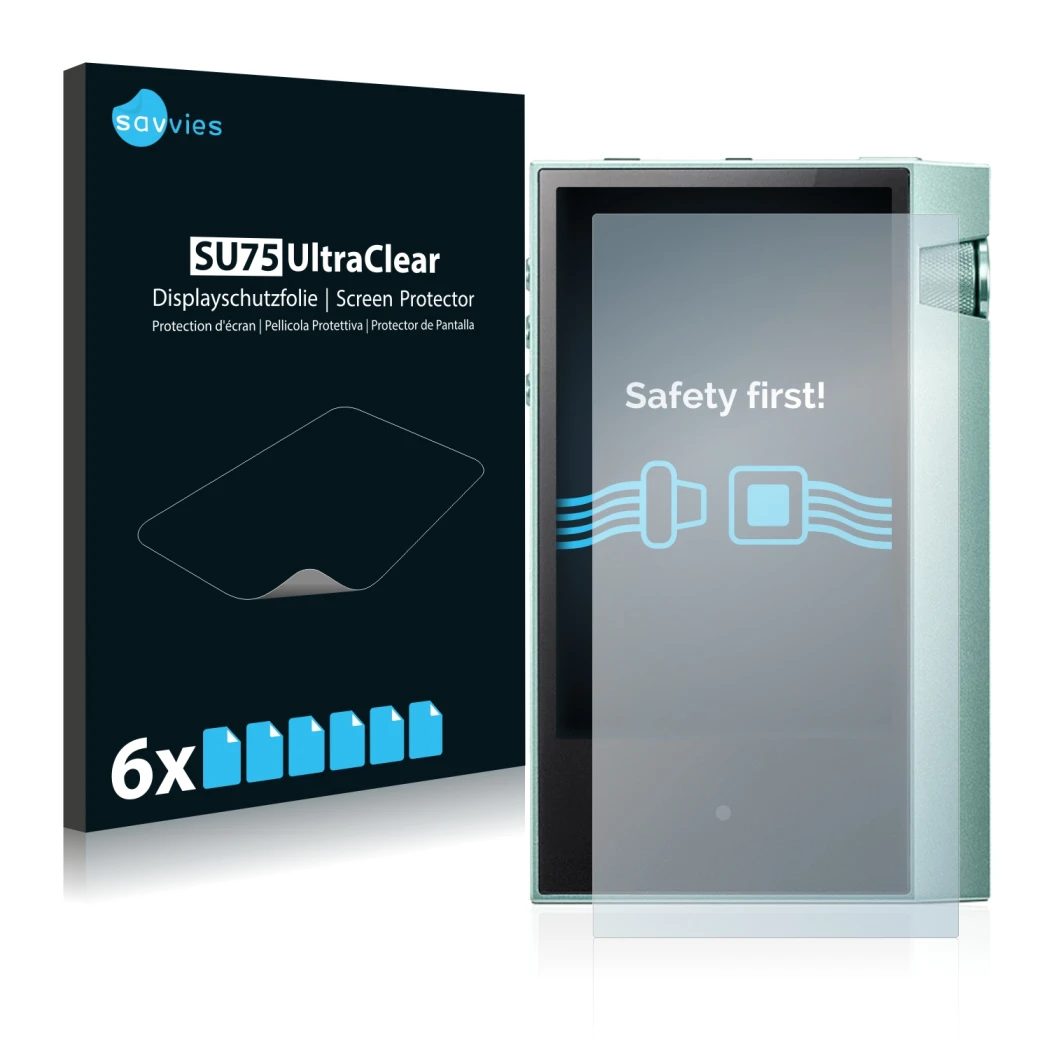 Front side of a product packaging with the brand logo Savvies. Next to it is the device Astell&Kern AK70 shown with the corres