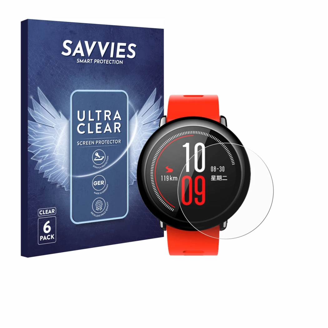 Front side of a product packaging with the brand logo Savvies. Next to it is the device Huami Amazfit Pace shown with the corr