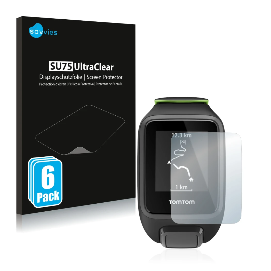 Front side of a product packaging with the brand logo Savvies. Next to it is the device TomTom Runner 3 shown with the corresp