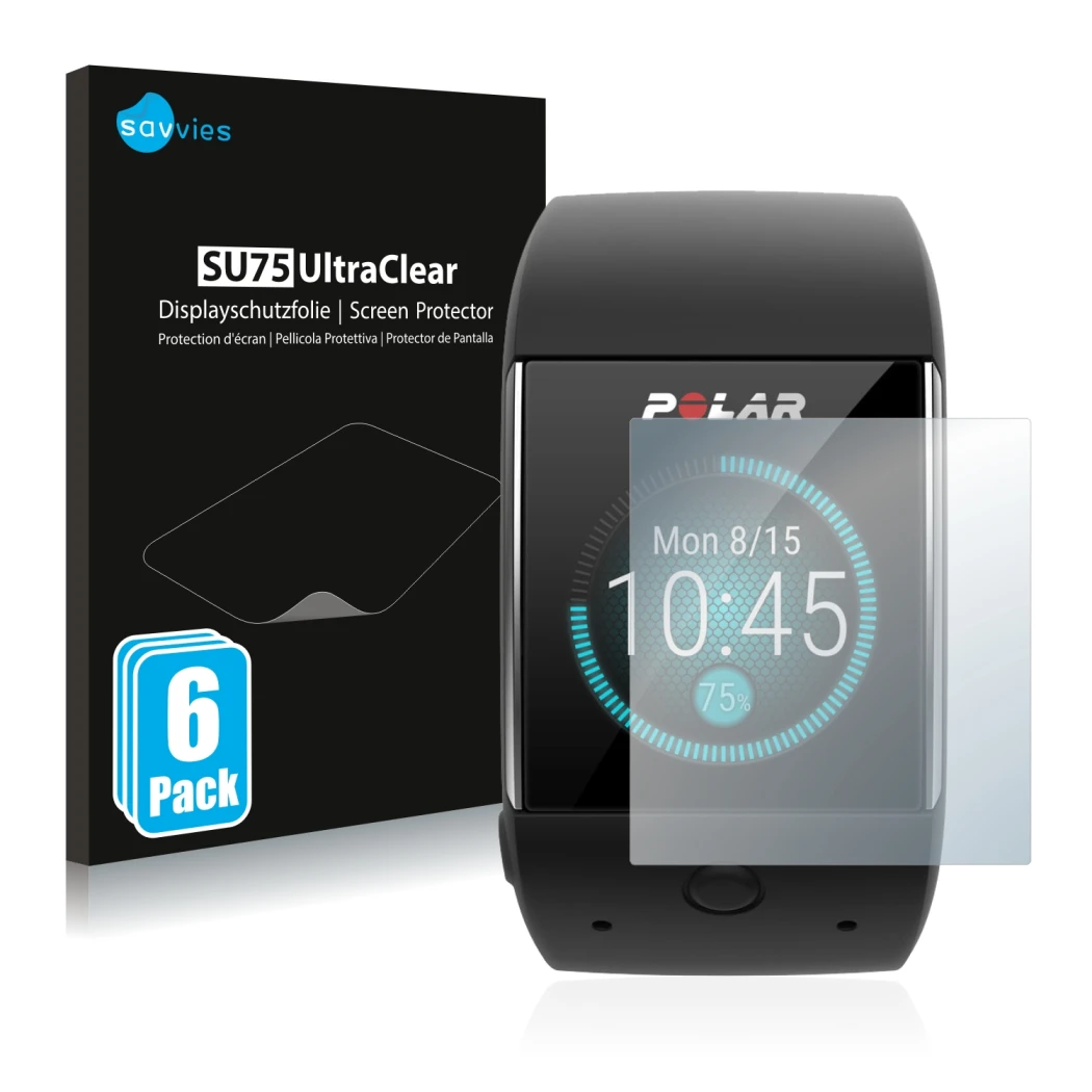 Front side of a product packaging with the brand logo Savvies. Next to it is the device Polar M600 shown with the correspondin