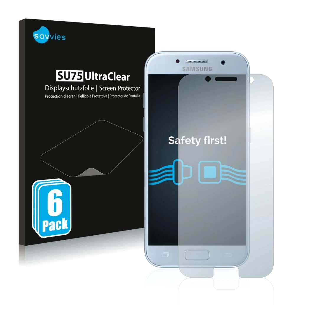 Front side of a product packaging with the brand logo Savvies. Next to it is the device Samsung Galaxy A5 2017 shown with the 
