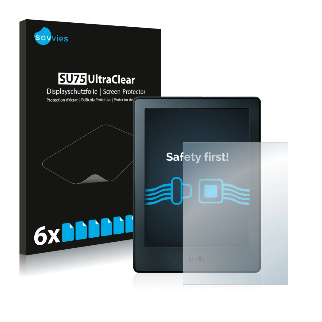 Front side of a product packaging with the brand logo Savvies. Next to it is the device Amazon Kindle 2016 (8th Gen.) shown wi