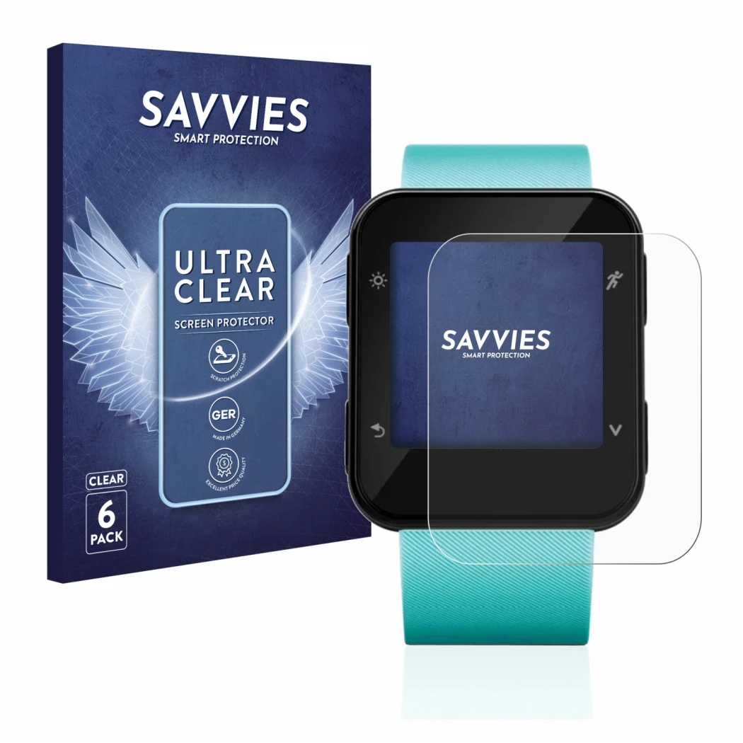 Front side of a product packaging with the brand logo Savvies. Next to it is the device Garmin Forerunner 35 shown with the co