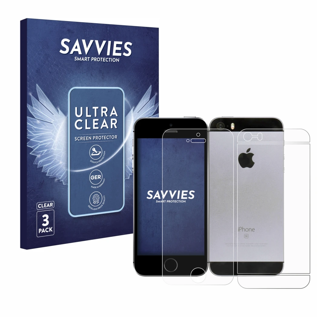 Front side of a product packaging with the brand logo Savvies. Next to it is the device Apple iPhone SE 2016 (Front+Back) show