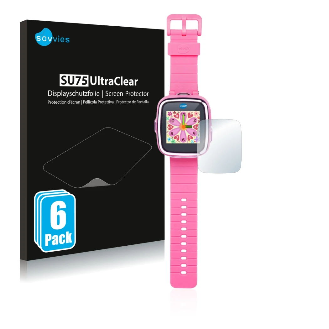 Front side of a product packaging with the brand logo Savvies. Next to it is the device Vtech Kidizoom Smart Watch DX shown wi