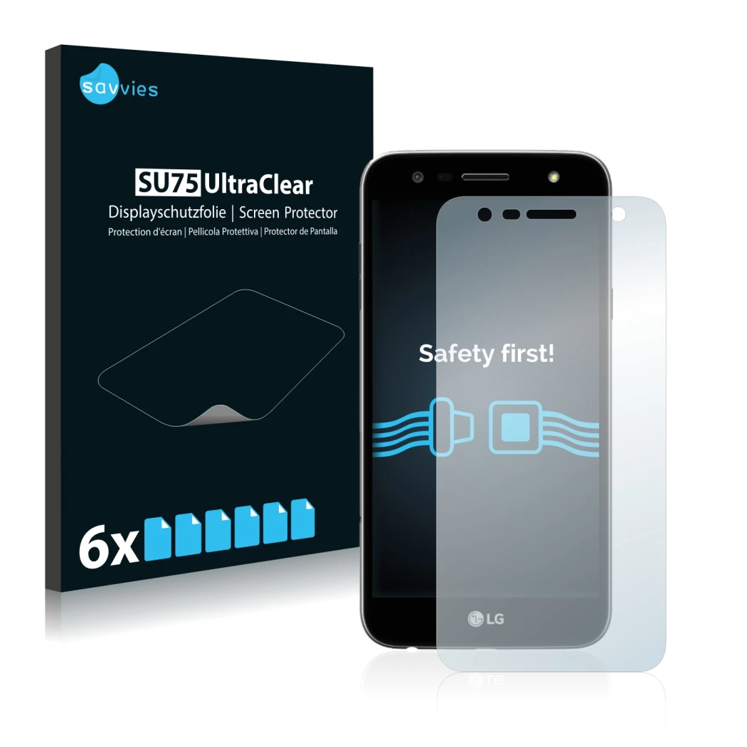 Front side of a product packaging with the brand logo Savvies. Next to it is the device LG X Power 2 shown with the correspond