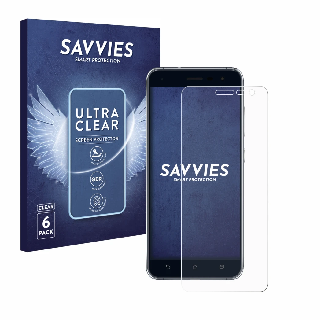 Front side of a product packaging with the brand logo Savvies. Next to it is the device ASUS ZenFone 3 ZE520KL shown with the 