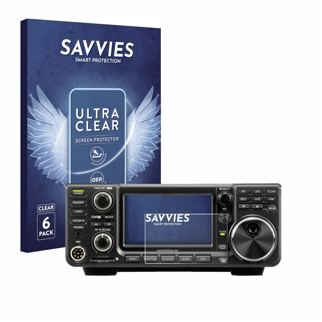 Front side of a product packaging with the brand logo Savvies. Next to it is the device Icom IC-7300 shown with the correspond