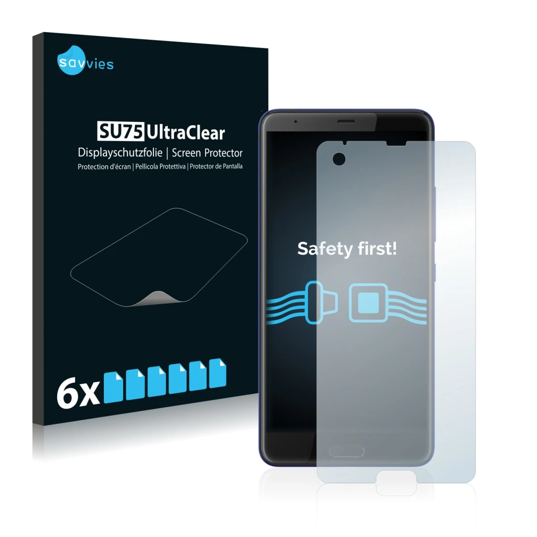Front side of a product packaging with the brand logo Savvies. Next to it is the device HTC U Ultra shown with the correspondi