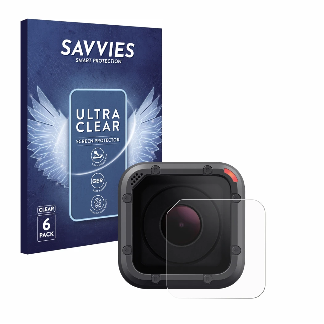 Front side of a product packaging with the brand logo Savvies. Next to it is the device GoPro Hero 5 Session Lens (housing) sh