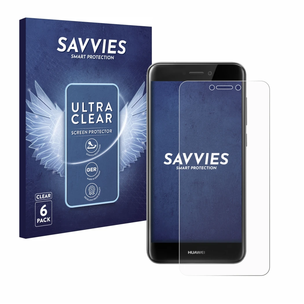 Front side of a product packaging with the brand logo Savvies. Next to it is the device Huawei P8 Lite 2017 shown with the cor