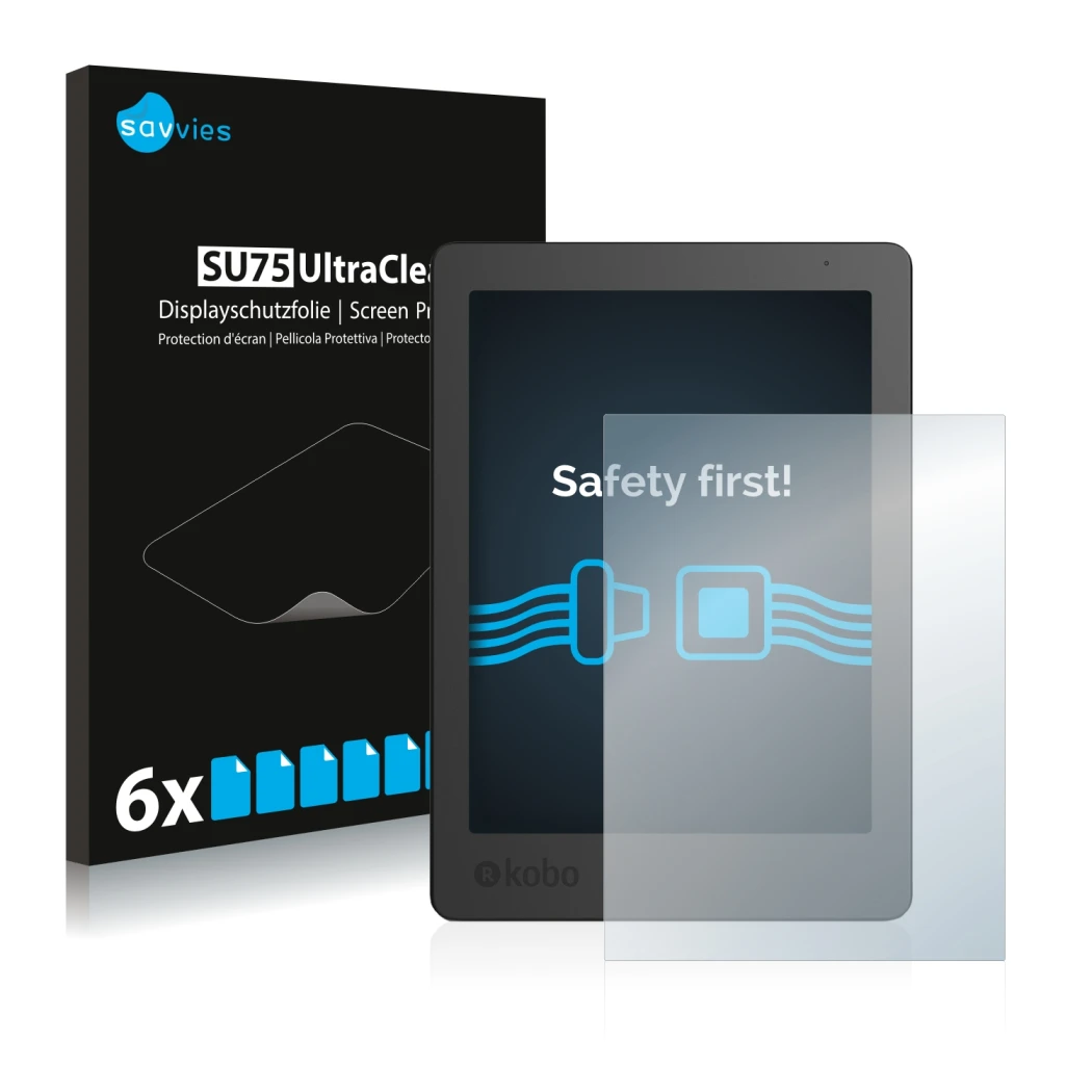 Front side of a product packaging with the brand logo Savvies. Next to it is the device Kobo Aura Edition 2 shown with the cor