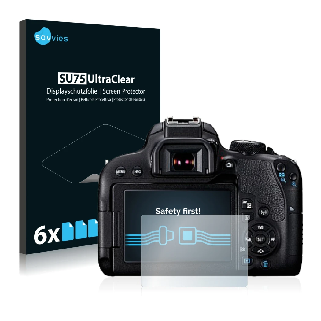 Front side of a product packaging with the brand logo Savvies. Next to it is the device Canon EOS 800D shown with the correspo