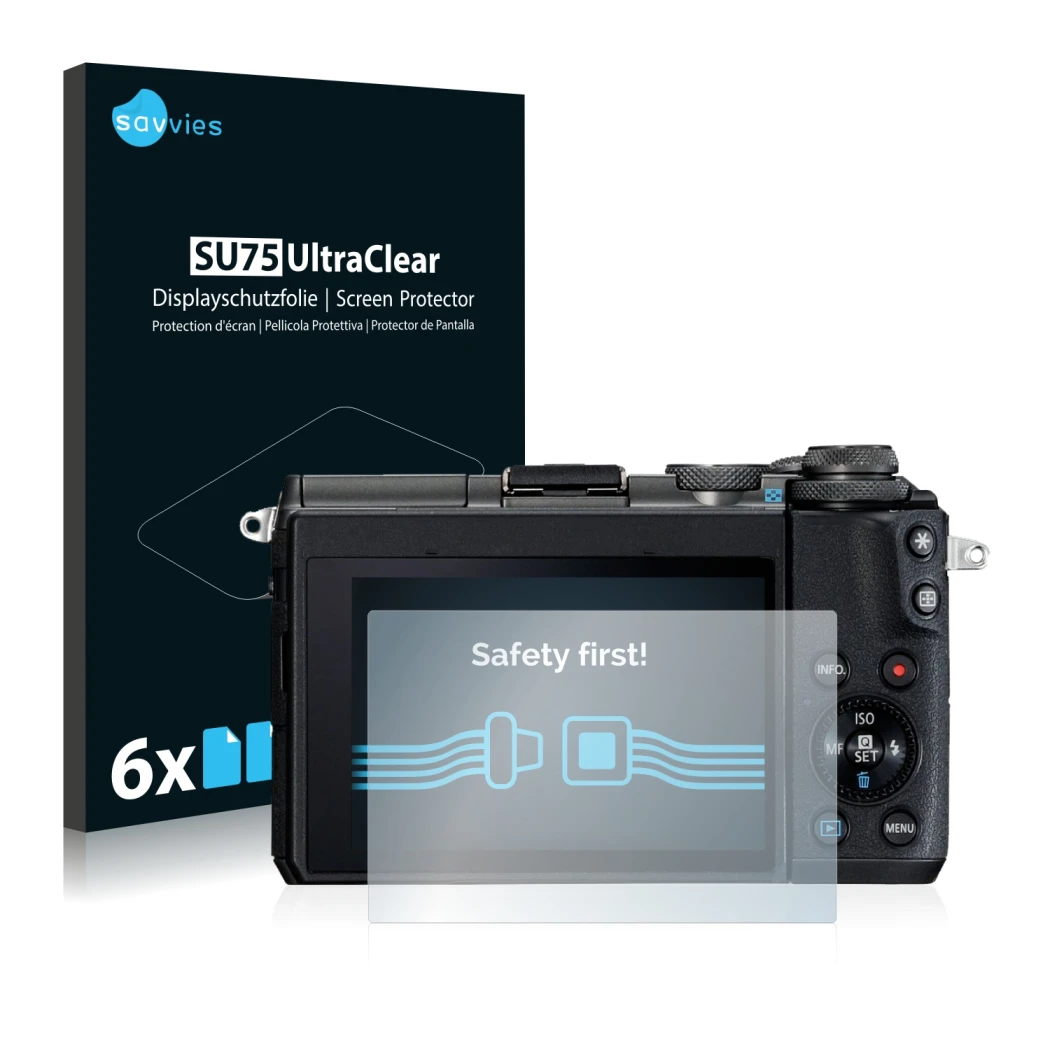 Front side of a product packaging with the brand logo Savvies. Next to it is the device Canon EOS M6 shown with the correspond
