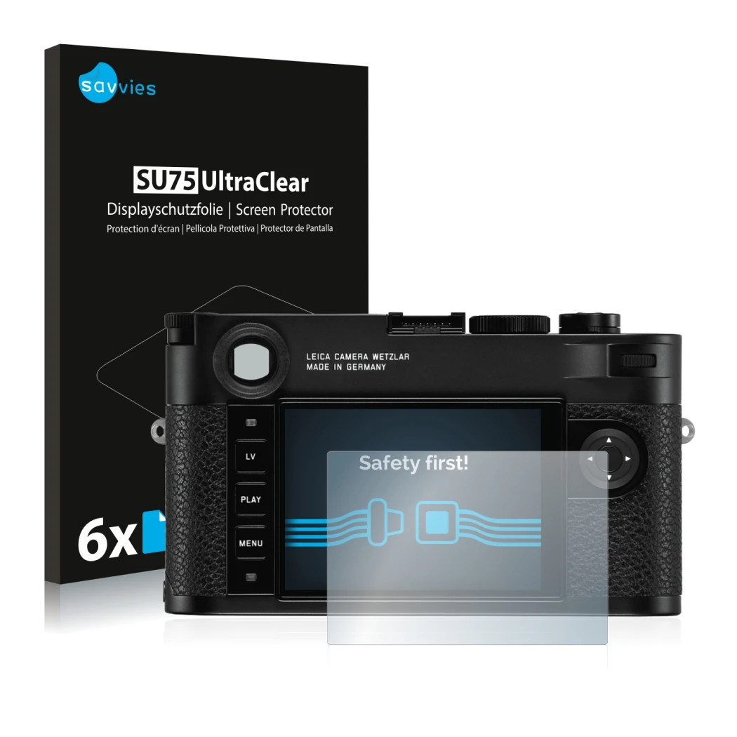 Front side of a product packaging with the brand logo Savvies. Next to it is the device Leica M10 shown with the corresponding